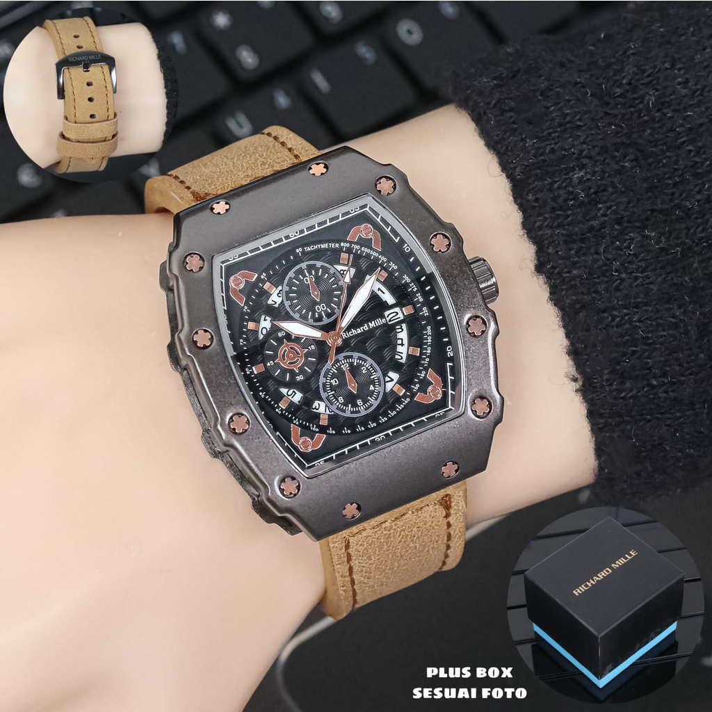 BEST SELLER JAM TANGAN PRIA RM E100 TALI KULIT CHRONO HIASAN TANGGAL AKTIF DM 4.5CM FREE TALI, BOX BATERAI CADANGAN || JAM TANGAN FASHION PRIA JAM TANGAN COWOK MURAH SW1SS