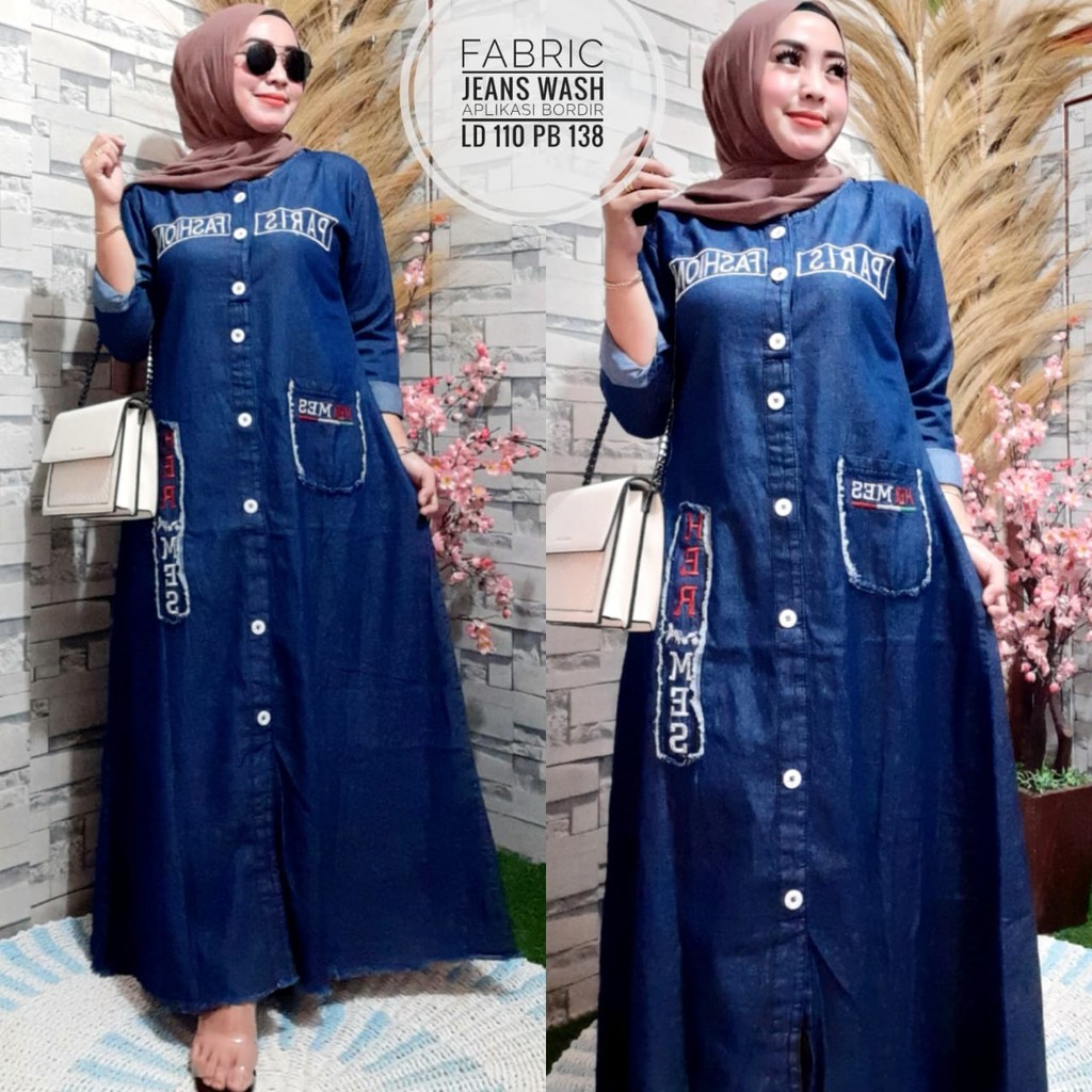 Gamis Levis Wanita Terbaru Bahan Denim /Jeans Wash Busui Bordiran Fashion