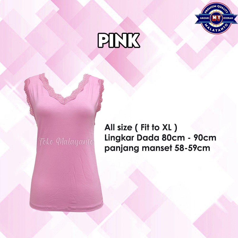 Tank Top Renda Kerah V Polos Warna Ukuran All size Ready Stok!!-Pink