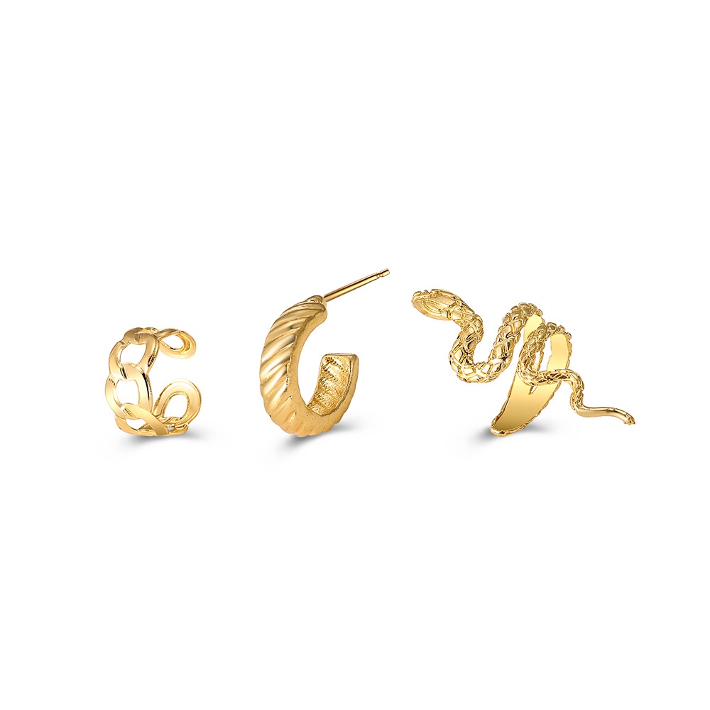 3pcsset Anting Tusuk Desain Rantai Ular Warna Gold Gaya Punk Untuk Wanita