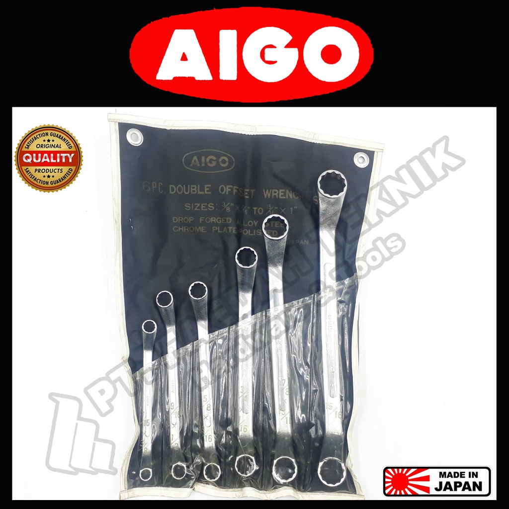 6 Pcs Double Offset Ring Wrenches Set/ Kunci Ring 3/8" - 1" AIGO Japan