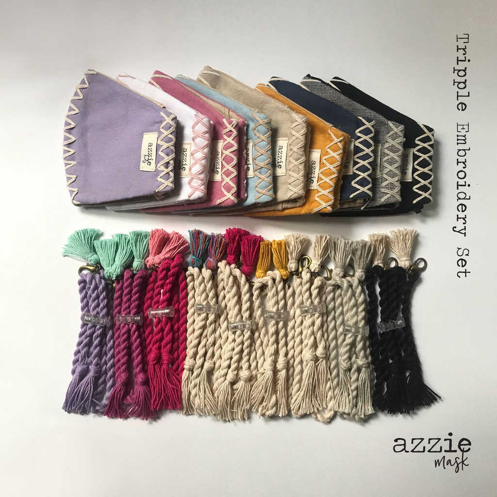 Eco Tripple Embroidery Azzie Face Mask Tassel Strap Set / Tali Masker / Strap Mask / Masker Kain 4pl