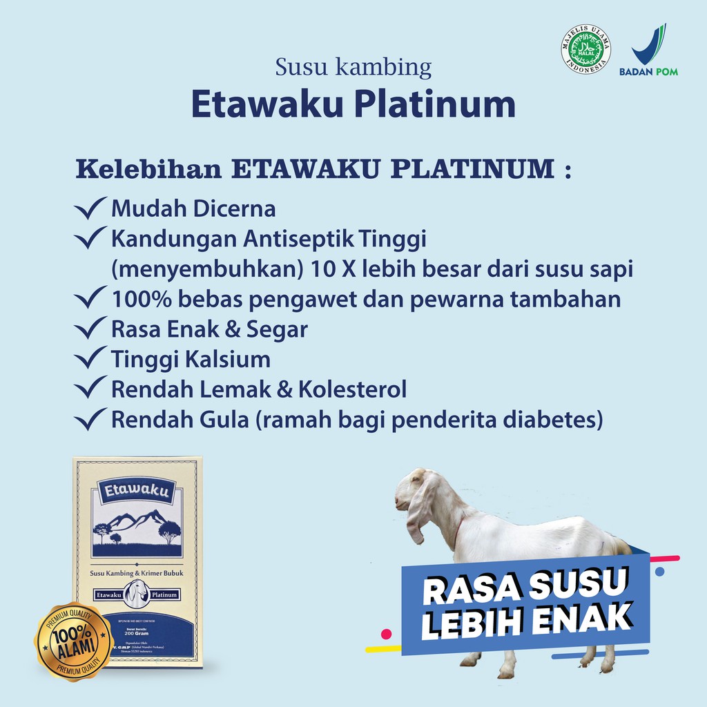 (READY STOCK) Etawaku Platinum - Susu Kambing Etawa Tinggi Kalsium &amp; Rendah Gula Bebas Alergi &amp; Tulang Kuat Lancarkan Sistem Pencernaan Tingkatkan Kekebalan Imunitas Tubuh Isi 200gr