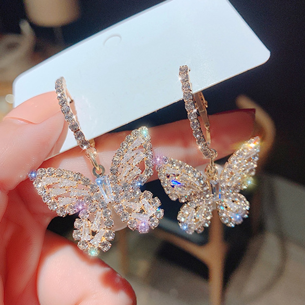 Hu Hu Hu Hu Hu Alat Bantu Pasang Kacamata♡ 1 Pasang Anting Bentuk Kupu-Kupu Aksen Berlian Imitasi Untuk Wanita