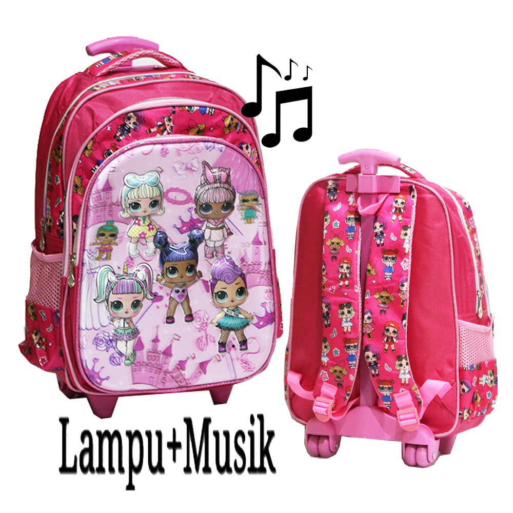 SUPER PROMO ANAK SEKOLAH Tas DORONG SEKOLAH SD LAMPU + MUSIK Trolley Anak Perempuan 5D Timbul 3 KANTUNG BESAR DAN LUAS IMPORT