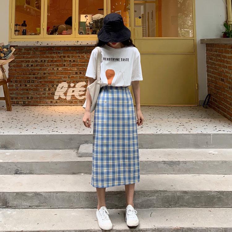  Rok Panjang Casual  Model High Waist Motif Kotak Kotak Gaya Retro Korea untuk Wanita Shopee 