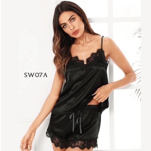 [STOCK TERBATAS] BAJU PIYAMA TIDUR LINGERIE SEKSI SLEEPWEAR SATIN HITAM SW07A