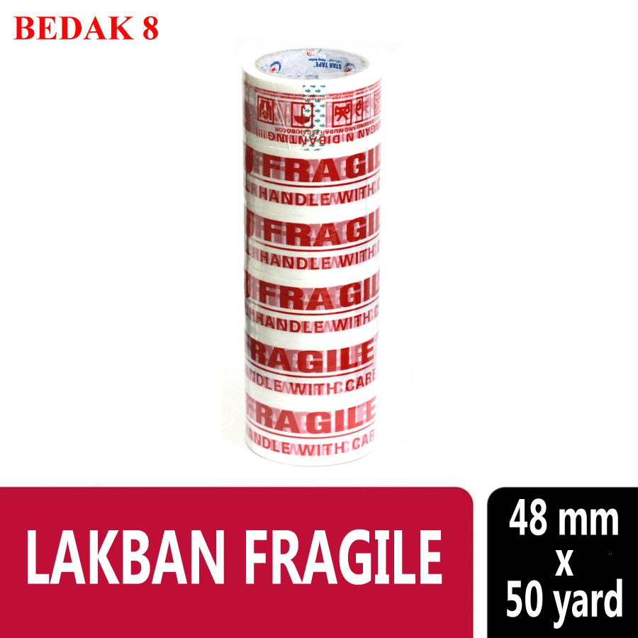 Lakban Fragile Merah/ Putih | Plakban Fragile | Isolasi Tape