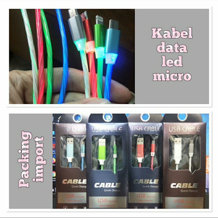 kabel data android micro usb LED ngalir kabel data nyala warna warni kabel LED micro usb