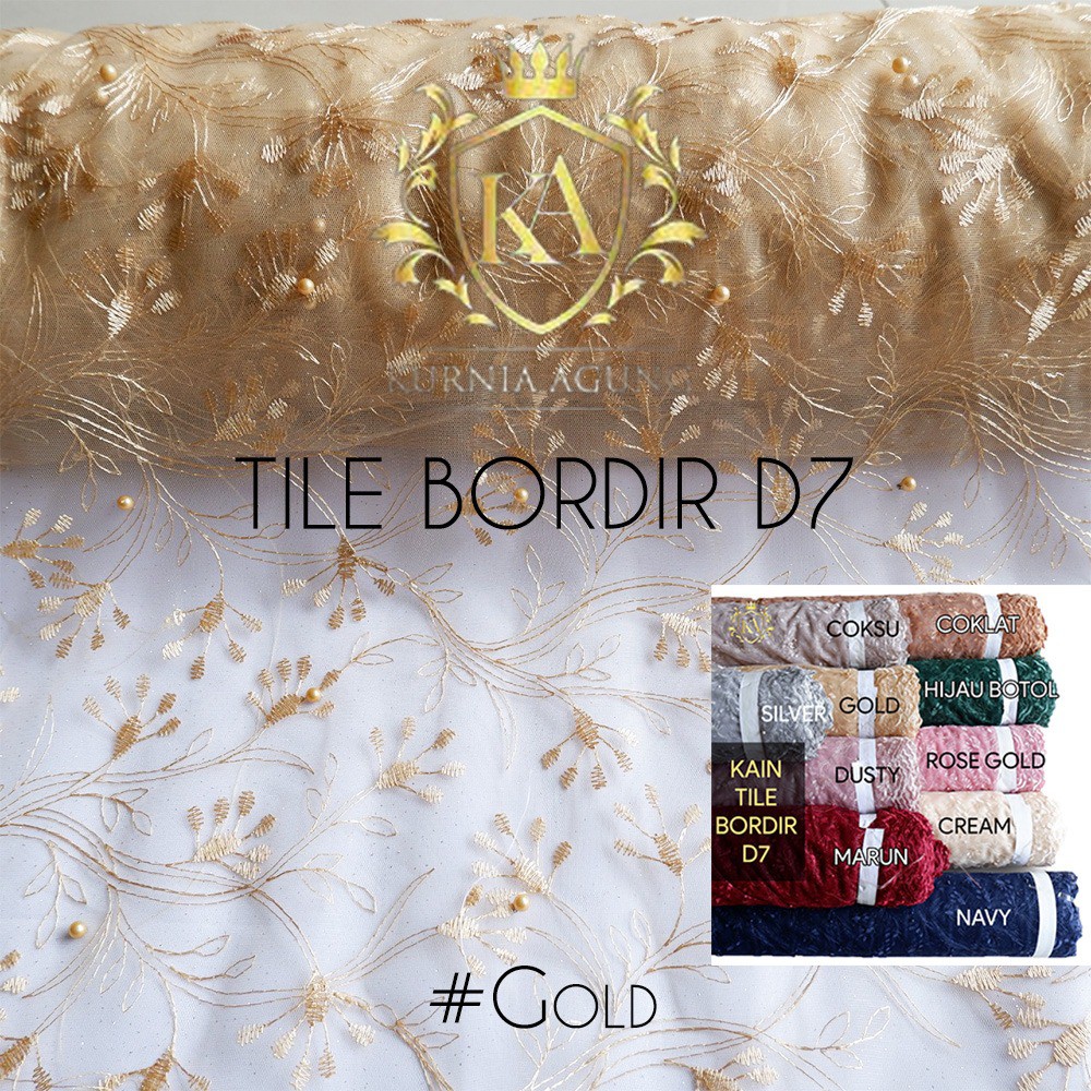 Kain Tile Bordir Mutiara Gliter Brukat Premium Meteran Tulle Bordir Bahan Gamis Pesta Kebaya Pengantin Mewah D7