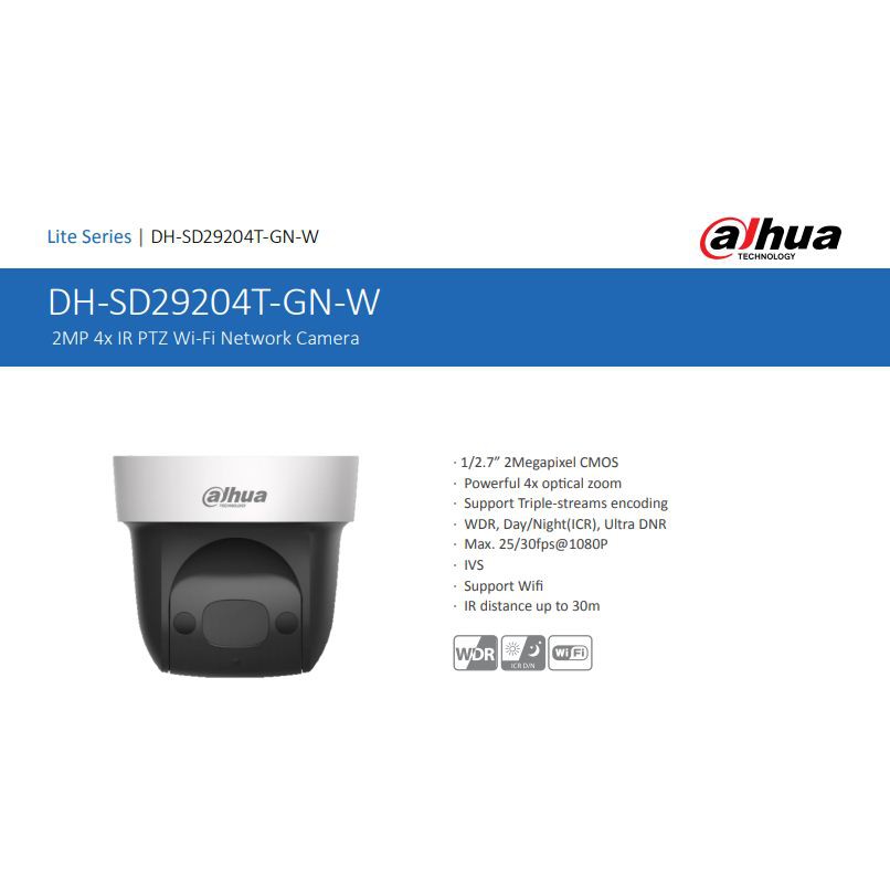 Dahua CCTV PTZ Network Camera SD29204T-GN  2MP 4x IR PTZ Wi-Fi