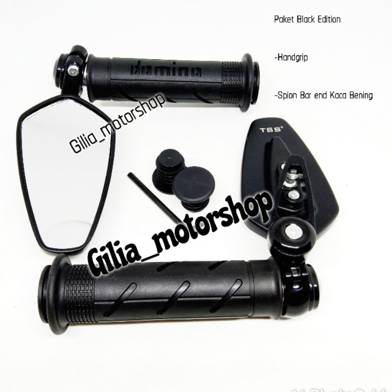 (Paket) Spion Jalu Oval Mirror Putih Plus Handgrip Handfat Garis Black Edition Universal Motor