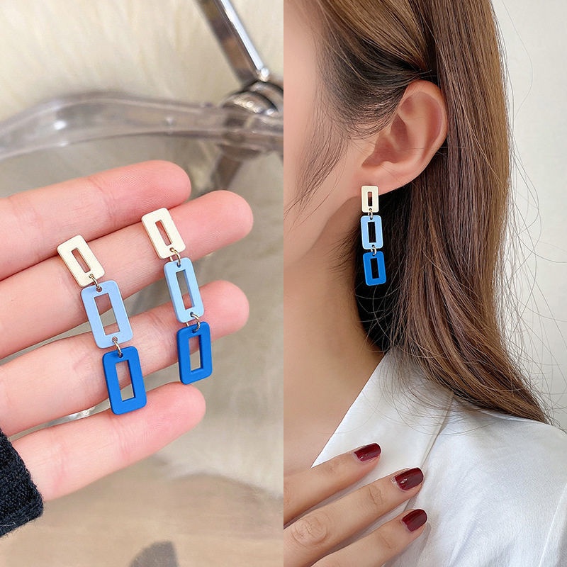 Korea baru S jarum perak biru rectangular telinga stud jahitan kontras warna elegan dan personalized