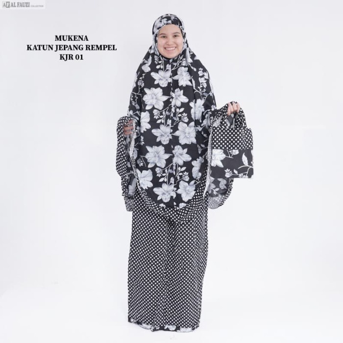 MUKENA KATUN JEPANG REMPEL TERBARU BUNGA PUTIH POLKADOT HITAM TERLARIS