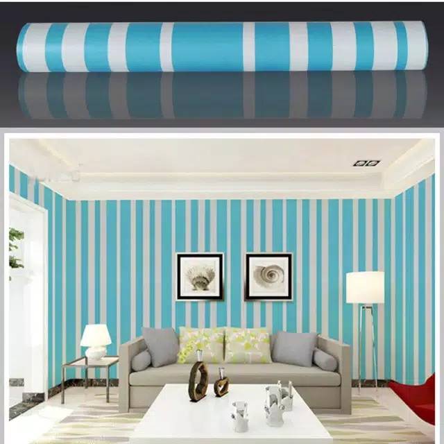 Wallpaper Dinding Motif Garis Putih Biru Ukuran Panjang 10Meter x Lebar 45Cm