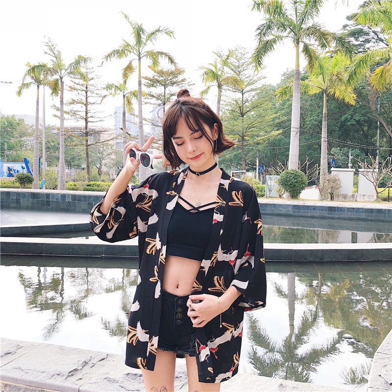 Black Brown Crane Chiffon Beach Cardigan Kimono Wanita Motif Jepang Harajuku Kimono Longgar Warna 2023