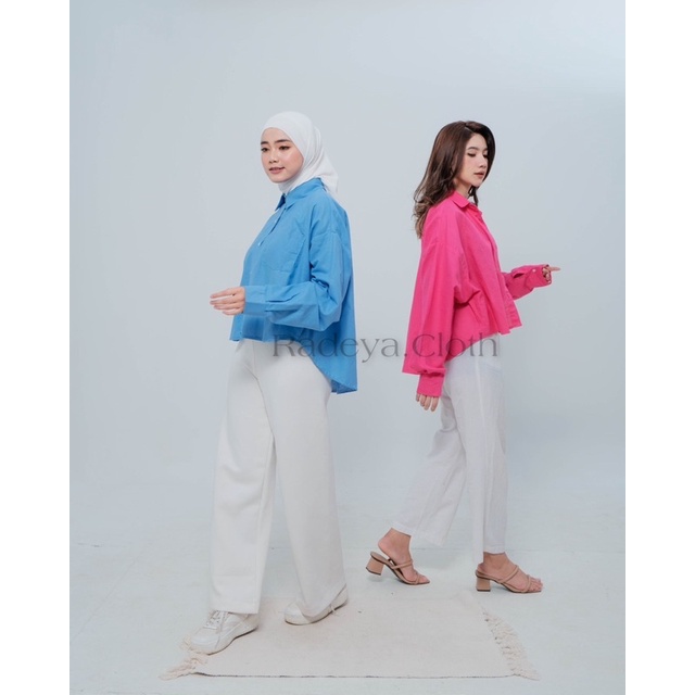 Kemeja Wanita Linen Oversize - Shrit Linen Crop Putih - Kemeja Wanita Lengan Panjang