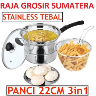 Panci stainless 22cm 3in1 wajan steamer goreng presto deep fryer