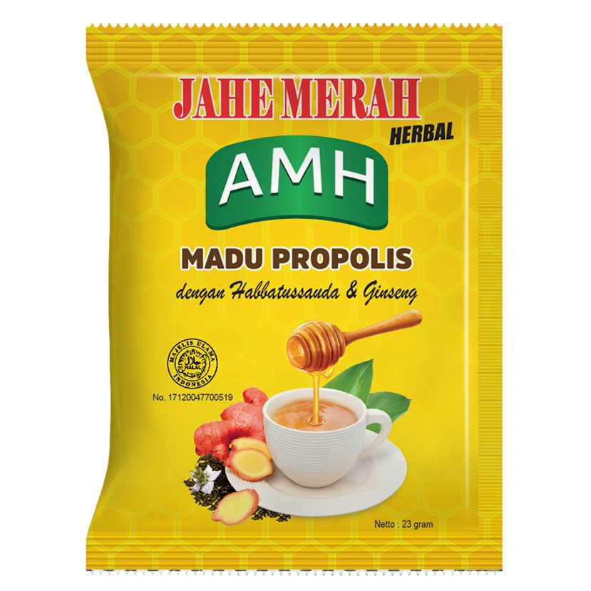 

AMH Jahe Merah Propolis 1 renteng isi 10 Sachet Minuman Herbal Madu Propolis Habbatusaudah Gingseng
