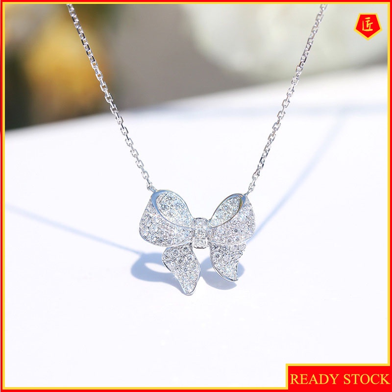 [Ready Stock]INS Style Bow Necklace Full Diamond Pendant Simple and Elegant