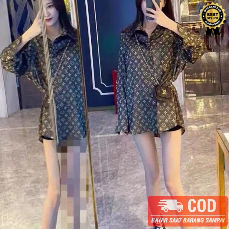 Kemeja LV BLACK + mini bag import / Kemeja Wanita Lengan Pendek Import / Kemeja Wanita Casual Import