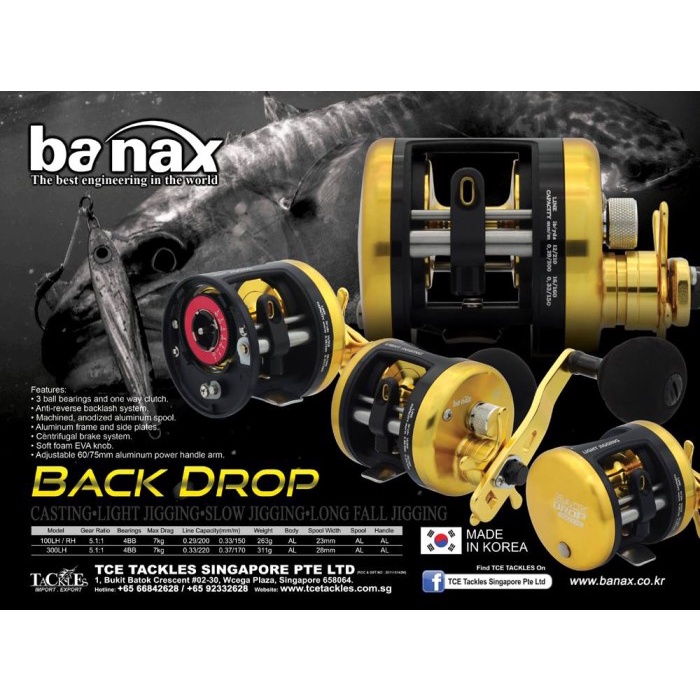 REEL PANCING OVERHEAD JIGGING BANAX BACK DROP 100 RH 3BB MADE IN KOREA MAX DRAG 7KG HANDLE KANAN