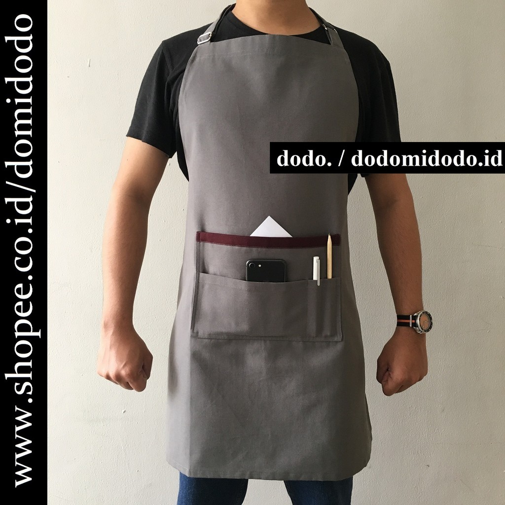 Celemek Apron Barista Handmade - Apron Tali Leher - Premium Canvas - Abu Abu