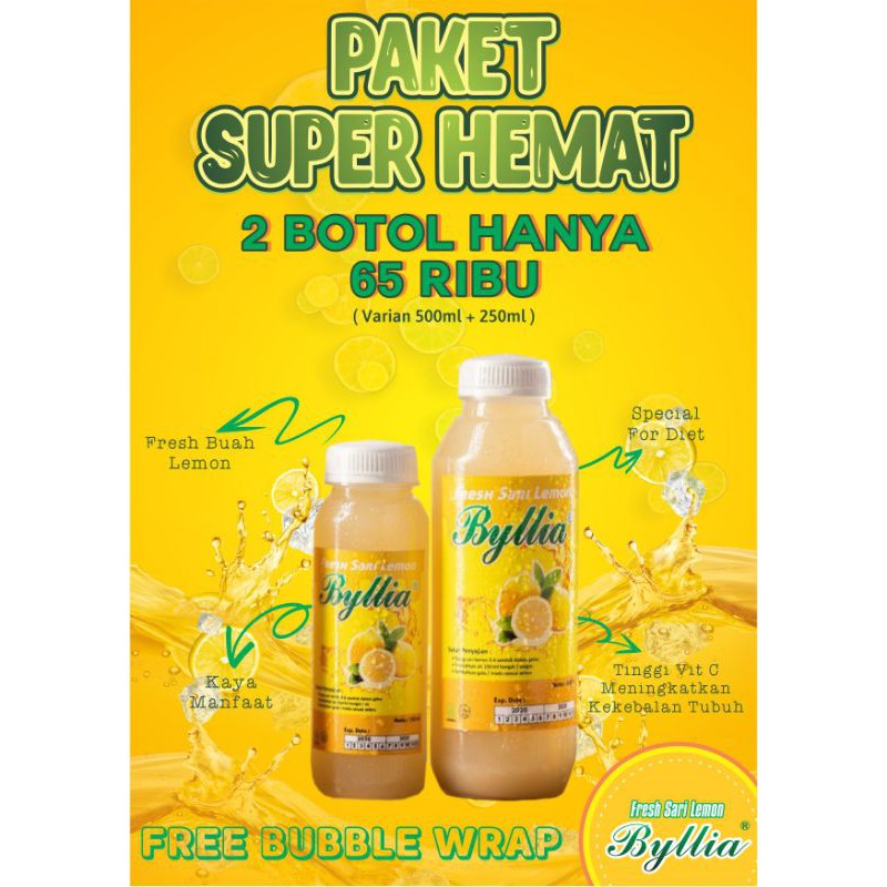 

Harga Promo ! Paket Hemat Fresh Sari Lemon BYLLIA 2 Botol ( 500Ml + 250 Ml ) !