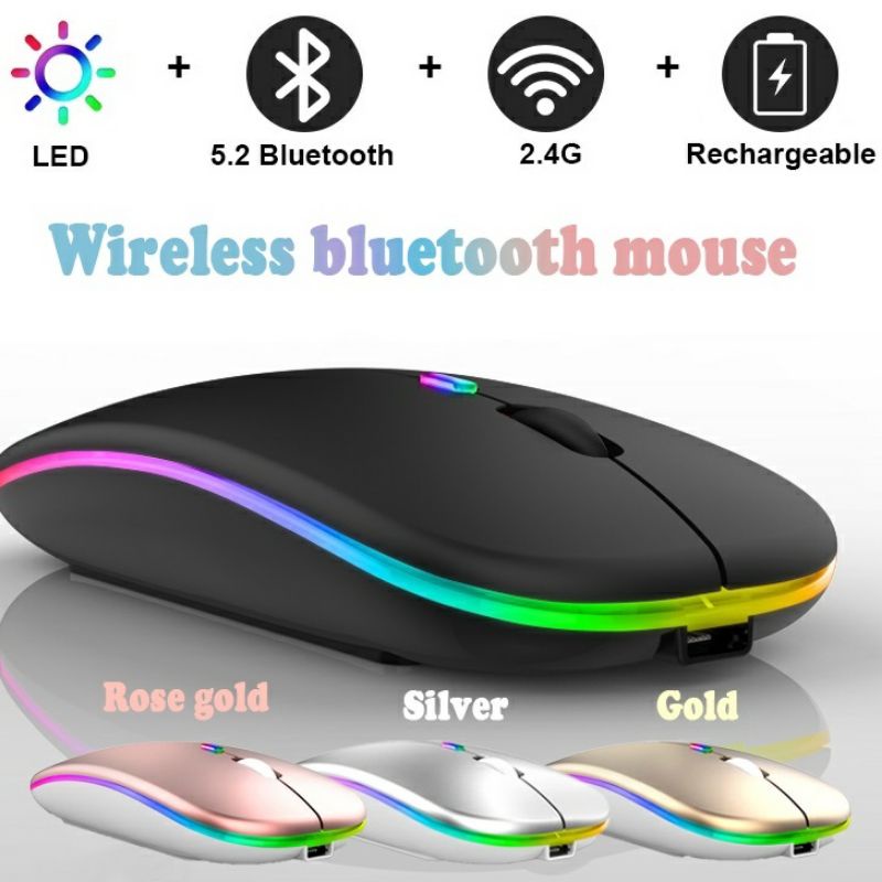 Mouse Wireless Rechargeable Silent Click DPI With RGB Led Light For Macbook Ipad Laptop Tablet (2.4 Ghz &amp; Bluetooth)