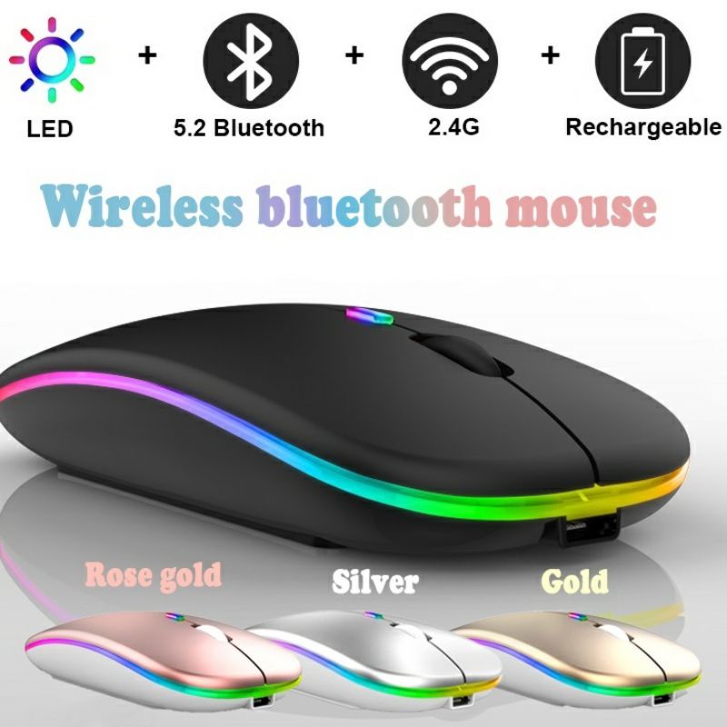 Mouse Wireless Rechargeable Silent Click DPI With RGB Led Light For Macbook Ipad Laptop Tablet (2.4 Ghz &amp; Bluetooth)