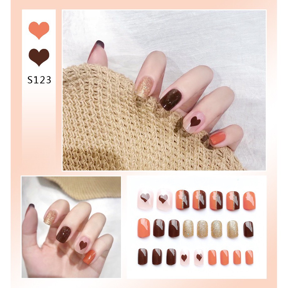 S-123 Love Maroon Gold Glitter Orange Kuku Palsu Hati Nail Art Murah