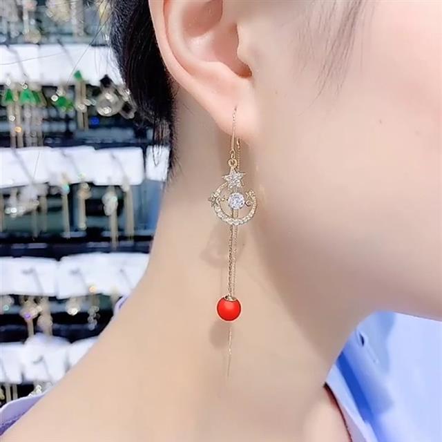 Korea trendi kepribadian fashion red pearl telinga string anting-anting elegan pentagram berlian pan