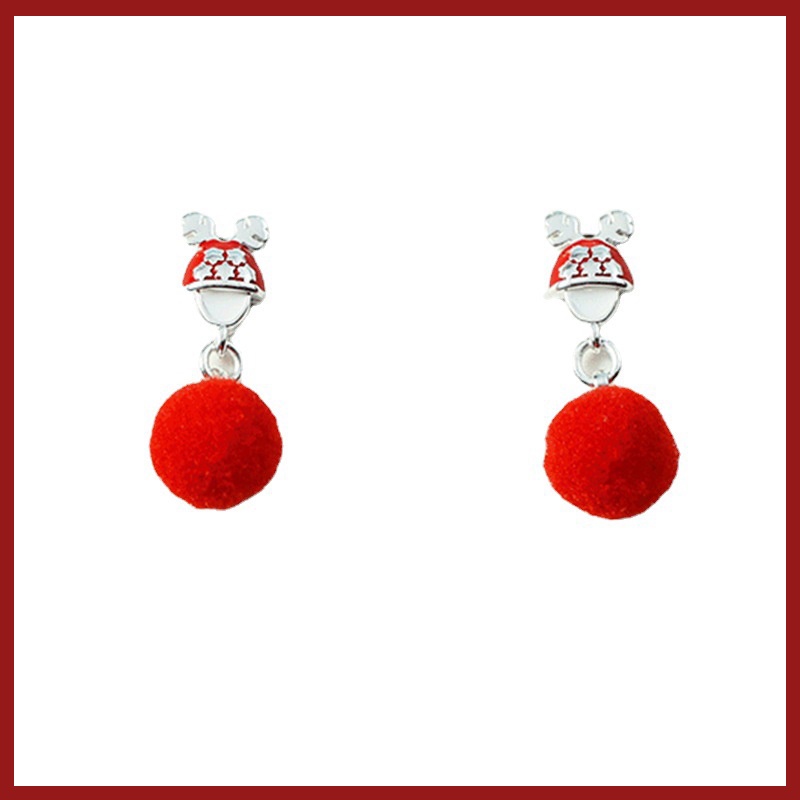 Anting Tusuk Sterling Silver 925 Model Santa Claus / Rusa Natal Dengan Bola Bulu Mink Untuk Wanita