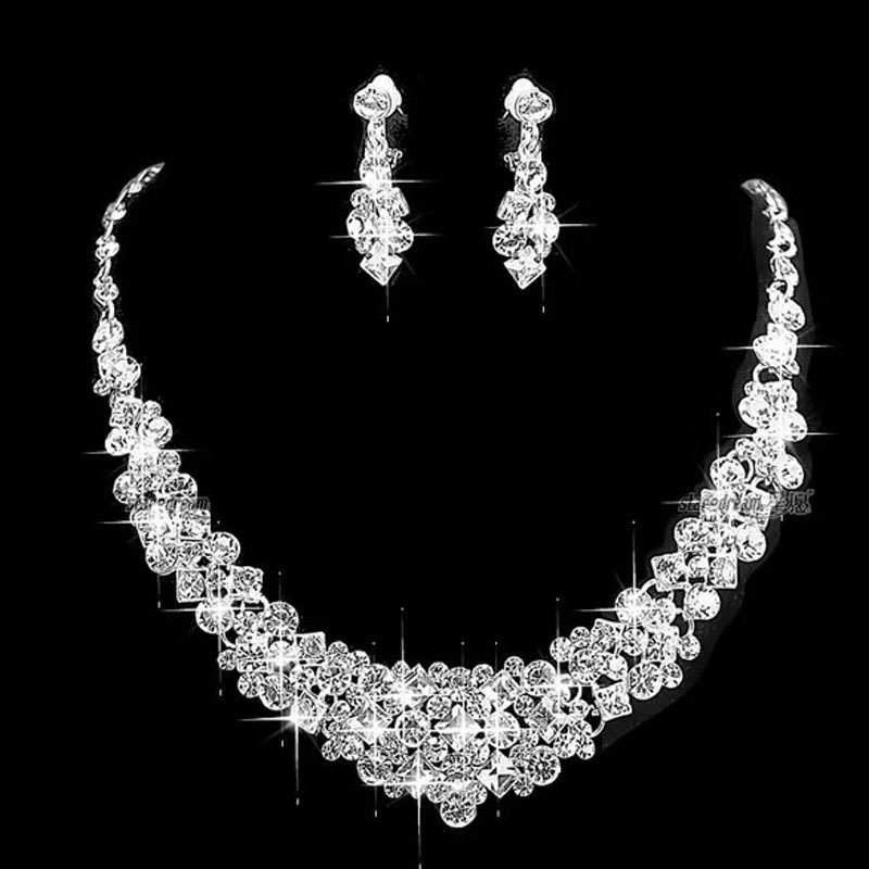 Set Perhiasan Kalung Anting Stud Bahan Alloy Aksen Berlian Untuk Pernikahan