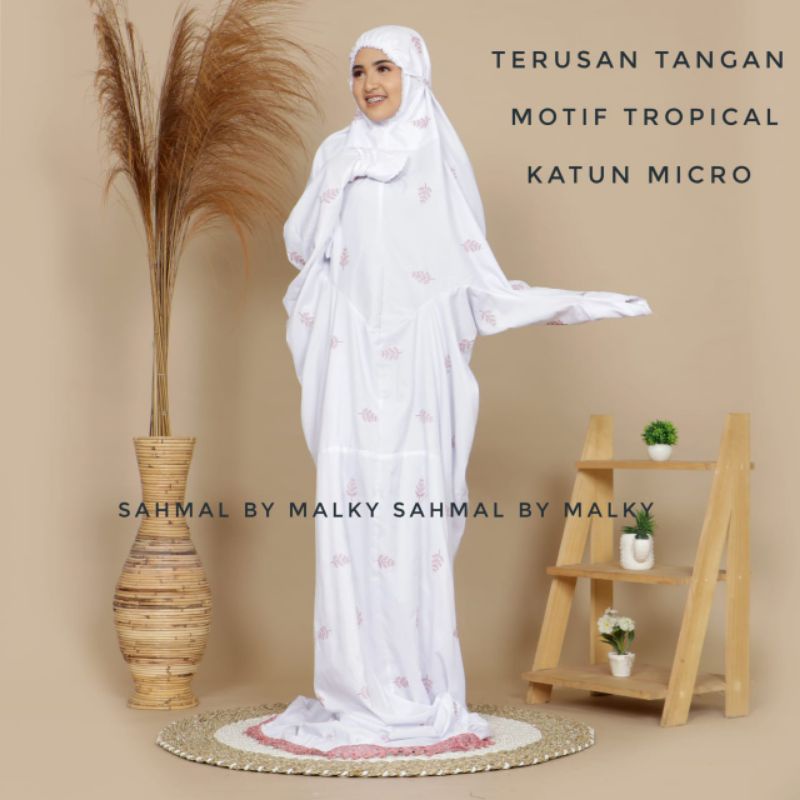 Mukena Terusan Putih Bordir Bunga Tropical Dewasa Adem