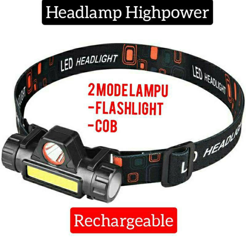 Senter Kepala LED COB Rechargeable / Headlamp Sorot Terang NEW !!!