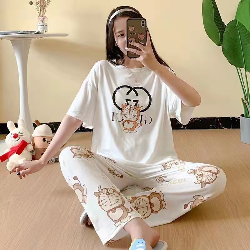 Setelan Piyama Lengan Pendek Baju Tidur Wanita Set Baju Tidur Wanita Dewasa Set Piyama Oversize-Gucci Doraemon
