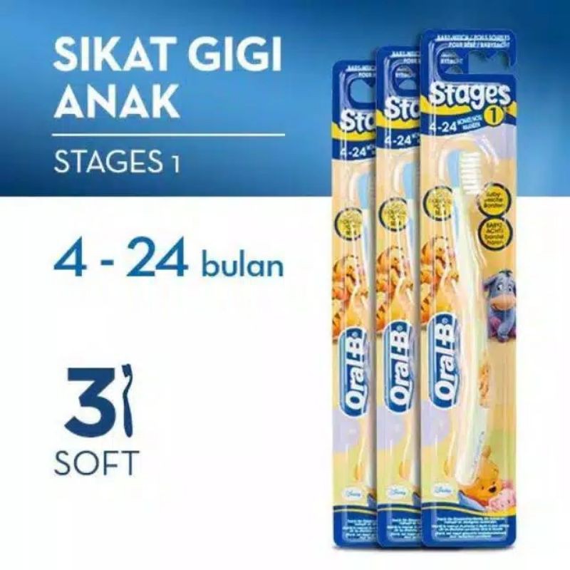 Sikat gigi oral B stages 1 4-24bulan, stages 2 2-4thn,stage 3 5-7thn,stage 4 &lt;8thn