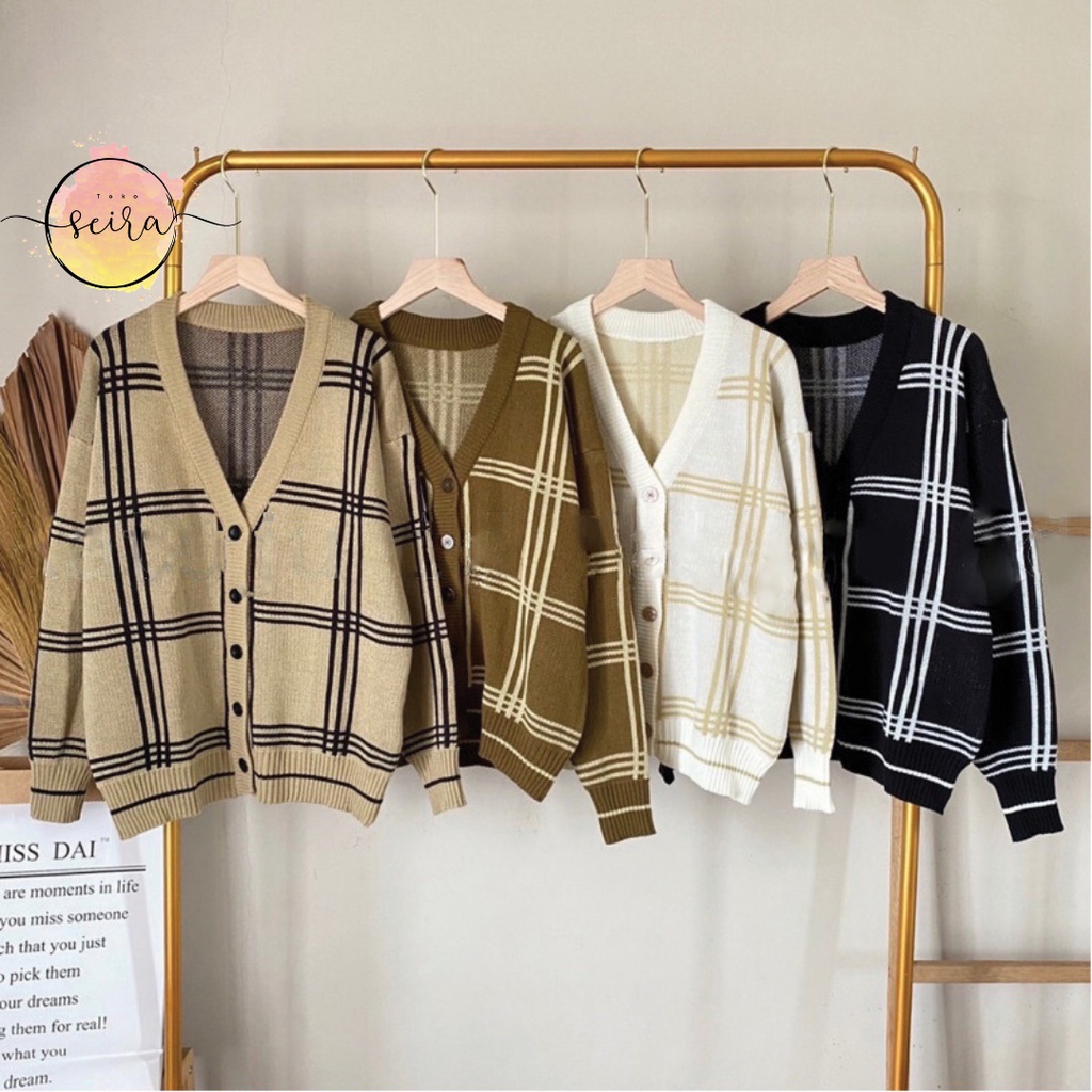 [BISA COD] Cardigan Mingyu Jaehyun Motif Kotak Rajut Premium / Cardigan Wanita / Panjang 70 LD 120