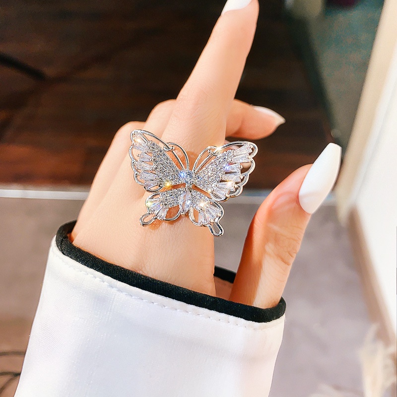 Cincin Jari Telunjuk Model Terbuka Desain Kupu-Kupu Aksen Zirkon Gaya Korea Untuk Wanita