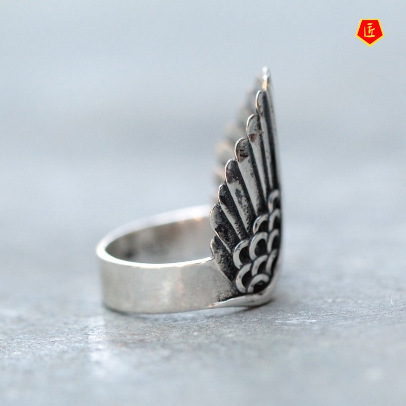 [Ready Stock]Retro Personalized Silver Angel Wings Ring