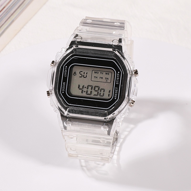 COD Jam Tangan Couple Jam Tangan Rubber Digital Segi Transparan Murah Karet Sport Led M136