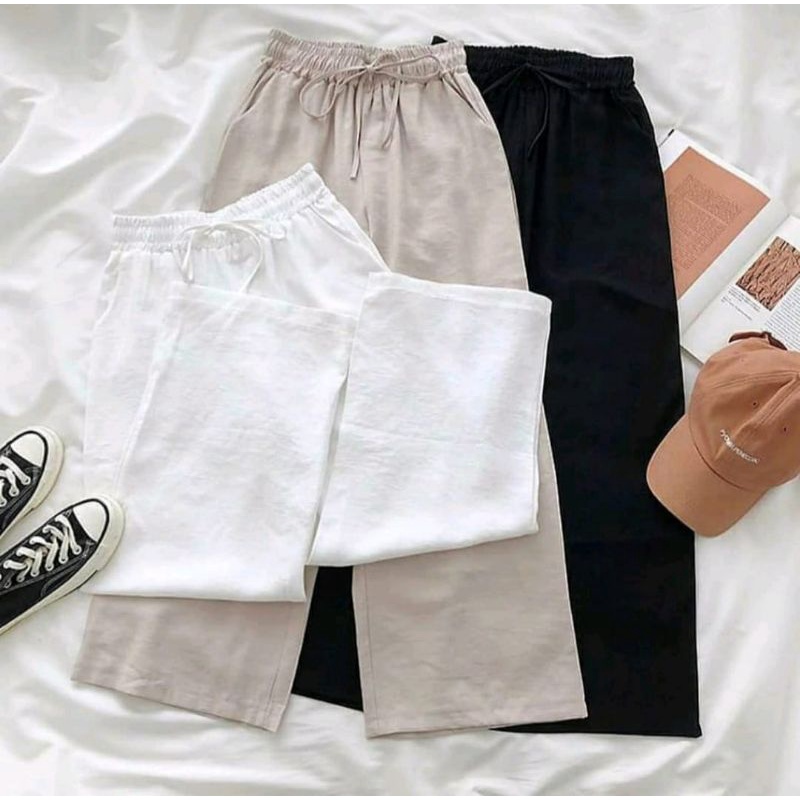 Celana Wanita Kekinian WIDI PANTS Kulot Jumbo Panjang Bahan Linen Rami Premium Import Fashion Bawahan Dewasa Ootd Pinggang Full Karet Serut Highwaist Cewek Remaja Model Ala Korea Gaya Modern Murah Dan Terbaru Hitam-1