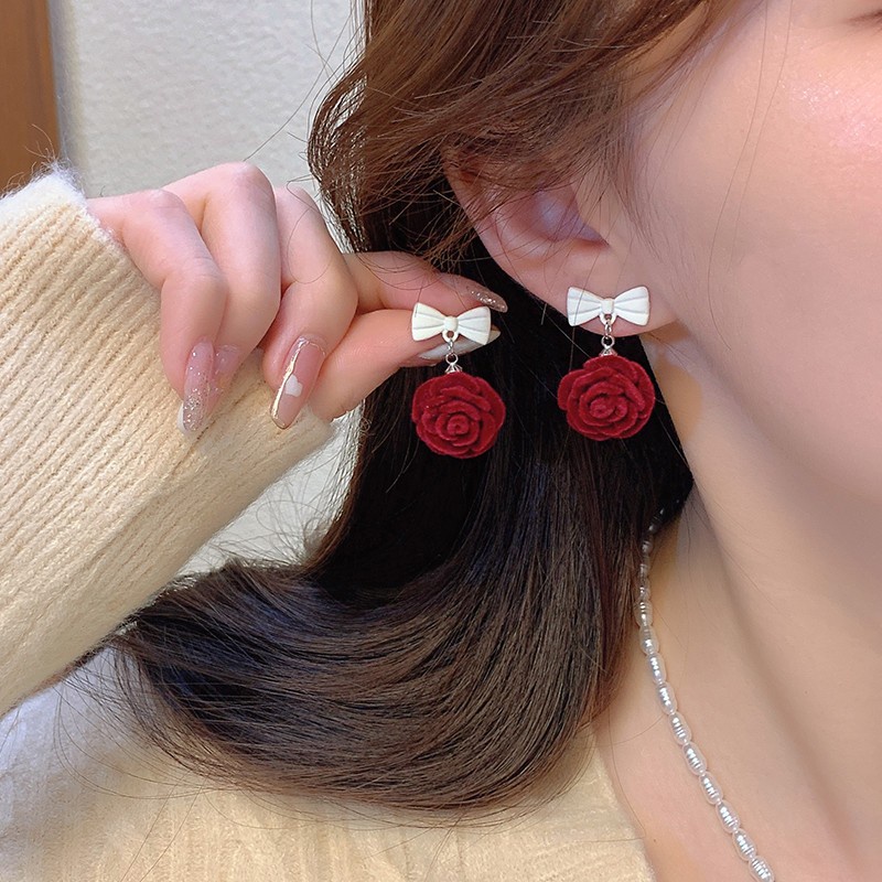 Set Anting Stud Mutiara Warna Merah Gaya Retro Untuk Wanita