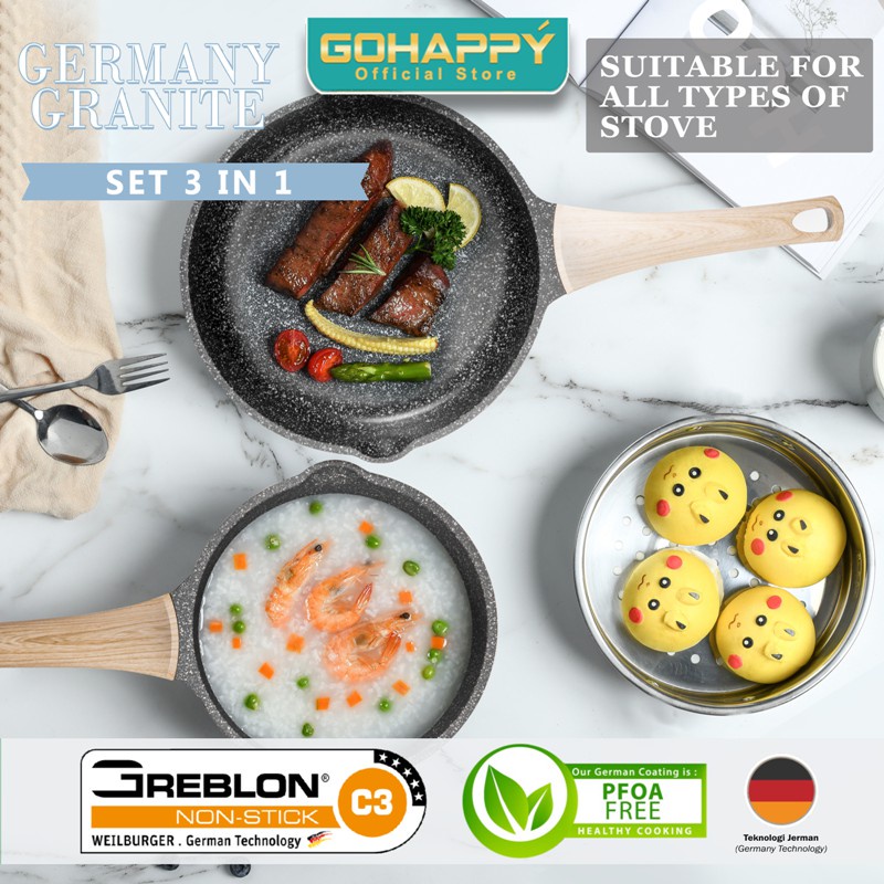 GERMANY GRANITE PAN Set 3 in 1 Gohappy Panci Asli Greblon GHG93 fry pan 20c m and milk pan+ steamer