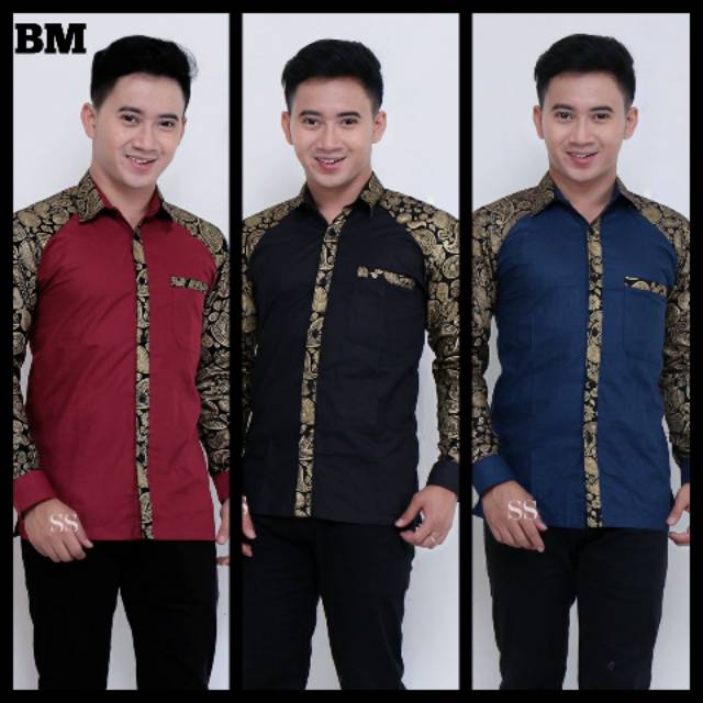 Kemeja Pria Katun Polos Kombinasi Batik Gold Silver Keren Desain Modern Kemeja Panjang Pria New Shopee Indonesia