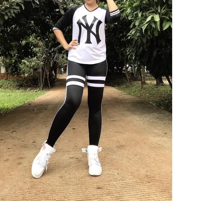 ✥ Set senam NY putih hitam / baju senam indor outdor set senam olahraga aerobik zumba fitness ⅍