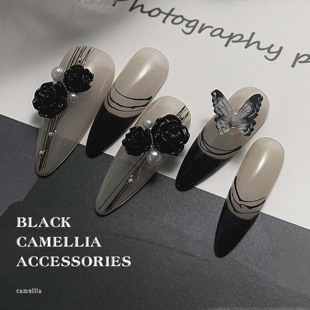 MXBEAUTY Camelia Dekorasi Kuku Fashion Hitam Manikur Aksesoris Mutiara Imitasi Hiasan Kuku Mutiara Butterfly Nail Drills