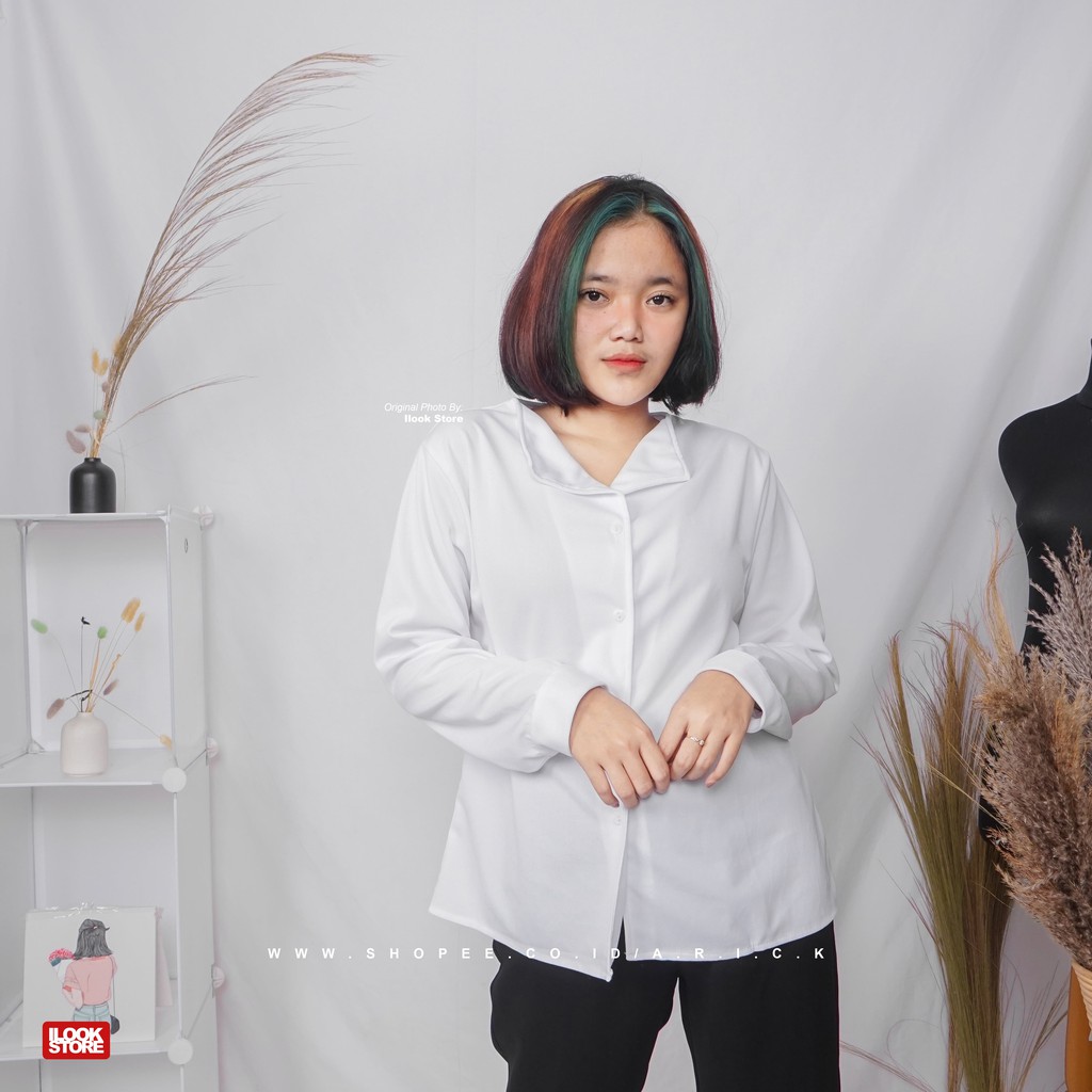 Kemeja elegancy - kemeja wanita - korea style - bahan creap-Elegancy - Putih