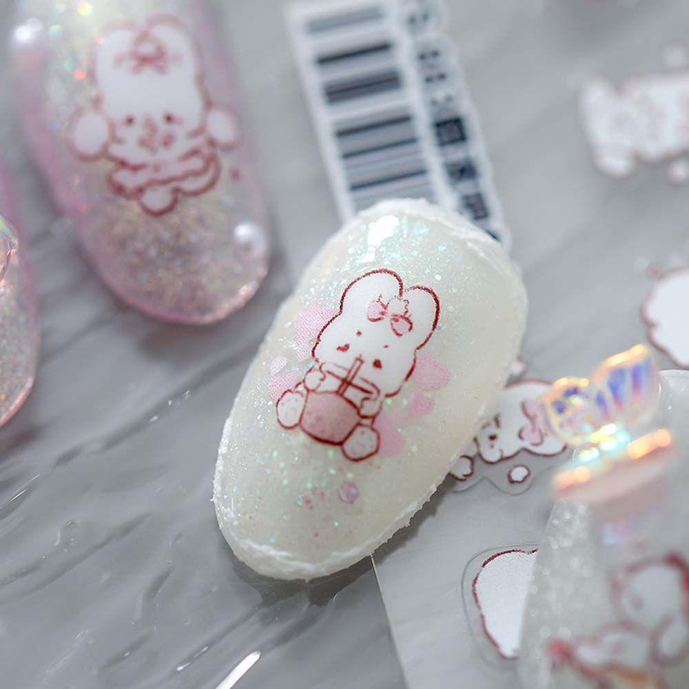 AUGUSTINA Agustina Bunny Nail Art Sticker Putih Lucu Decal Strawberry Rabbit Relief DIY Alat Nail Art